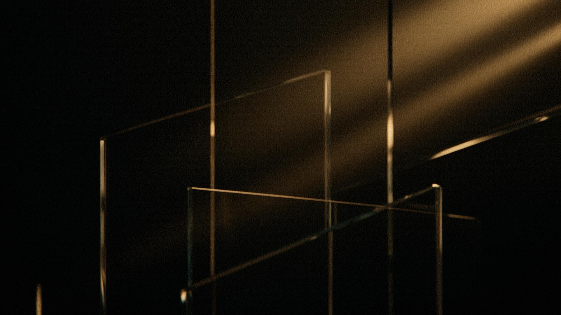 Abstract cinematic glass panels lit with warm light